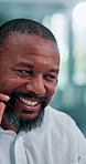 Happy, business and black man at call center with headset, consultation and advice for customer service. Mature person, talking and agent in office with mic, assistance and telecom for client inquiry