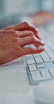 Hands, keyboard and typing at office with project, review or admin with coworking at insurance company. Person, broker and computer with feedback, notes and policy with risk management job at agency