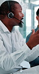 Call center, talking and business people in office for help, training and feedback for finance advice. Manager, financial advisor and men on tech for customer support, online consulting and meeting