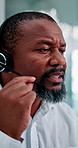 Call center, talking and black man in office for finance advice, investment client and contact. Corporate, financial advisor and mature person with headset for customer support, consulting and help