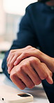 Phone, pain and hands of business person in office for arthritis, wrist injury and stress. Carpal tunnel emergency, contact and osteoporosis inflammation with employee in agency with accident