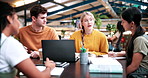Laptop, study and tutor with people in college for research, teaching session and education project. Assignment, university and knowledge with students on campus for class schedule and exam portal