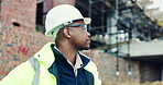 Construction, black man and building inspection on site for masonry safety, renovation and progress. Outdoor, architect and monitor development for quality control, property evaluation and compliance