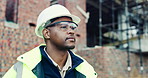 Construction, man and goggles with site inspection for compliance, progress and building approval. Architect, black person or property evaluation for structural integrity, quality control and safety