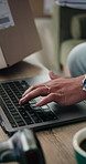 Hands, laptop and logistics with person in home for delivery, distribution or shipping startup. Box, computer and typing with supply chain employee in apartment for small business inventory or stock