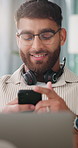 Virtual assistant, texting and happy man with phone in home office, laughing or communication on web. Freelancer, smile and person with mobile for chat, networking and reading funny message in house