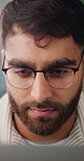 Computer, glasses and business man with online project, programming or problem solving with algorithm. Eyewear, serious person and tech for software development, system update or reading review