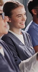 Nurse, woman and applause in hospital with meeting, medical breakthrough and achievement of goals. Happy, person and team clapping in clinic with healthcare milestone, success and celebration at work