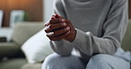 Hands, nervous and person with stress for counseling, anticipation or habit for coping mechanism. Patient, fidget or anxiety on sofa with stimming, trauma response and self control for emotional ptsd