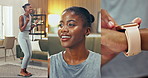 Health, collage and fitness with black woman in home for weight loss win, drinking water and smart watch. Exercise goal, hydration and tracking bmi with person in living room of house for wellness