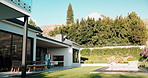 Home, father and child on patio with view, parental support and investment for real estate. Thinking, man and pointing on terrace with son, morning coffee and family security for property ownership
