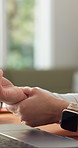 Wrist pain, laptop and hands of person in home office with strain, joint injury or inflammation. Remote work, typing and female freelancer with arthritis, stress and ergonomics issue or carpal tunnel