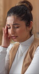 Stress, migraine and businesswoman in office with deadline on finance report with budget planning. Headache, professional and female financial advisor with frustration for mistake on investment.