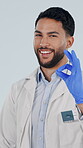 Doctor, face or yes sign at studio for positive test results, treatment success or medical support. Professional, man or happy with okay emoji on white background for reassurance, healing or approval