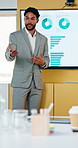 Screen, statistics and businessman in office for presentation on finance report with revenue. Graphs, documents and financial manager with team in meeting for investment proposal in workplace.