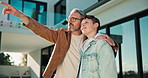 Pointing, smile and talking to son with father in garden of home for advice, future or guidance. Bonding, child development and conversation with single parent an speaking to boy for family vision