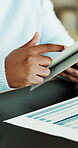 Freelancer, paperwork and hands with tablet in home office, accountant or tax submission on website. Remote work, online and person with financial report, audit and filing returns with tech in house