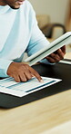 Reading, paperwork and hands with tablet in home office, freelancer and planning for tax submission. Remote work, online and person with financial report, audit and filing returns with tech in house