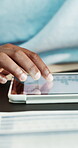 Freelancer, scroll and hands with tablet screen in home office, data analysis or tax planning on web. Remote work, online and person with financial report, graphs and accountant with tech in house