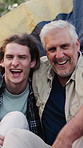 Face, old man and hug father while camping, laugh or bonding together with family on vacation outdoor. Tent, adult son and embrace with elderly parent for happiness, funny and connection on holiday