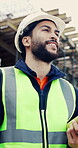 Thinking, architect and man with blueprint at construction site, smile and plan for home renovation. Civil engineer, outdoor and happy person with helmet, low angle and idea for property development