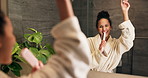 Singing, bathroom and woman with brush in mirror for wellness, grooming or fun for morning routine. Dance, reflection and person in home for karaoke, song or energy for self care, cleaning and health