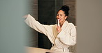 Singing, energy and woman with brush in mirror for wellness, grooming and fun for morning routine. Dance, home and person in bathroom for karaoke, song and happy for self care, cleaning and health