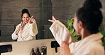 Singing, happy and woman with brush in mirror for wellness, grooming and fun for morning routine. Dance, home and person in bathroom for karaoke, song and energy for self care, cleaning and health