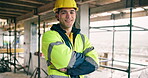 Construction, face or man on site with arms crossed, positive attitude or pride as industrial worker. Happy, portrait or engineer with optimism, about us and confidence in architecture industry.