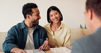 Real estate, agent or couple in office with meeting, investment plan or advice in client consultation. Happy, people or realtor with documents, closing process or offer discussion for new homeowners.