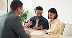 Documents, financial advisor and signature with couple in home for budget, investment or wealth management. Approval, broker and paperwork with happy people in apartment for portfolio discussion