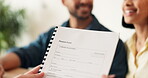 Documents, financial advisor and hands with couple in home together for pension fund or planning. Broker, paperwork and talking with people in apartment for finance or retirement conversation