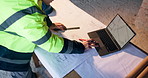 Blueprint, laptop and construction worker on site with design for building, repairs or renovation. Tech, man and civil engineer with floor plan and computer for maintenance or property development.