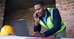 Laptop, phone call and construction worker on site with research for property development approval. Man, computer and civil engineer on mobile discussion with cellphone for feedback on building plan.