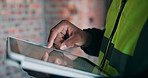Hands, tablet and man on construction site for inspection, task brief or safety update. Infrastructure, quality control or engineer with tech, digital blueprint or project coordination for renovation
