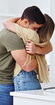 Couple, hug and smile in kitchen with love for cooking, support and bonding together with meal prep. Man, woman and happy in home with conversation for lunch, break and commitment in healthy marriage