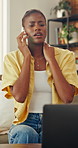 Phone call, contact and black woman on sofa with neck pain, injury or bad ergonomics in home. Remote work, cellphone and female person on mobile discussion with muscle sprain in living room at house.
