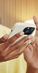 Phone, scrolling and hands of businesswoman in office for texting, communication or social media on app. Research, typing and person with cellphone for chatting, networking or email in workplace.