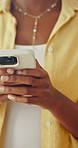 Phone, hands and businesswoman in office for texting, communication or social media on mobile app. Research, typing and female person with cellphone for chatting, networking or email in workplace.