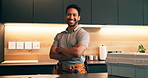 Face, plumber and happy in kitchen with arms crossed, repair skills and pride for maintenance job. Confident, Asian man and technician in home with tool belt, smile and about us for plumbing company.