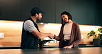 Tablet, woman and handshake with plumber in home, maintenance deal or house renovation. Tech, kitchen and shaking hands for repair service agreement, smile and thank you for fix with customer