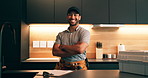 Face, plumber and smile in kitchen with arms crossed, repair skills and pride for maintenance job. Confident, man and technician in home with tool belt, equipment and about us for plumbing company.