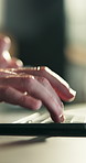 Person, hands and typing with laptop for network connection, email or remote work in home. User, freelancer or writing with computer or software for online report, communication or research in house