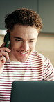 Phone call, laptop and man in home for remote work, article conversation and newsletter feedback. Mobile, freelancer and happy person with computer at apartment for copywriting review, story or talk