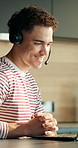 Man, laptop and virtual assistant in house with remote work, discussion or admin for customer service. Happy person, typing and freelance administrator talk with computer, contact and client support.