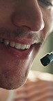 Consultant, mouth and happy man with mic for online communication, advice or web support. Closeup, male person or friendly agent talking with smile for virtual assistance, CRM help or consulting