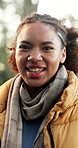 Face, hiking and smile with black woman in nature for outdoor adventure or wilderness hobby. Activity, environment and travel with happy hiker in forest for fresh air, survival experience or trip