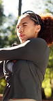 Fitness, morning and stretching with woman outdoor in nature for start of exercise routine. Cardio, preparation and warm up with runner in forest for commitment or dedication to health activity