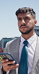 Phone, travel and walking with business man in city for career inspiration or job opportunity. App, commute and morning with serious professional outdoor for corporate employment or occupation