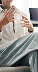 Woman, hands and conversation in office with therapy consultation, share feelings or help for wellness. Psychology, discussion and person with mental health advice, counseling and emotional support.